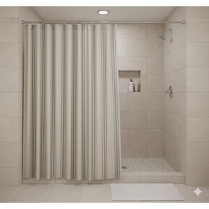 VHC BRANDS APRIL&OLIVE SHOWER CURTAIN Tan Creame And Blue Stripes ONE PANEL
